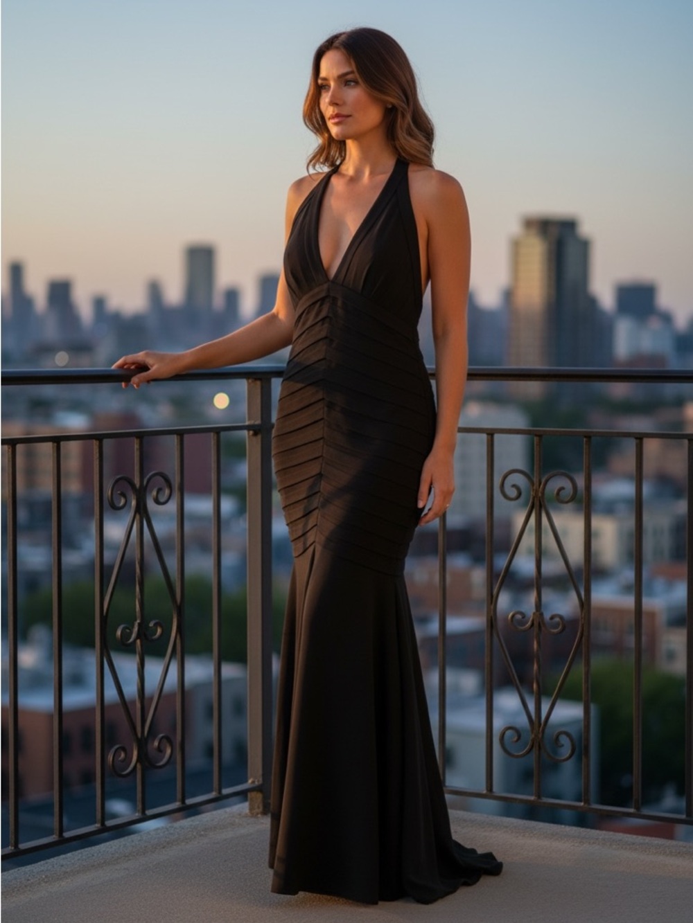 Tadashi Shoji Black Floor Length Halter V-Neckline Gown with Shutter Pleats MP
